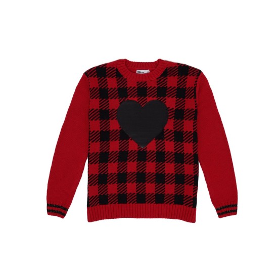  Big Girls Plaid with Heart Graphic Sweater (Tango Red, M)