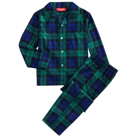  Matching Kids Watch Plaid Pajama Set, Black/Green, 14-16