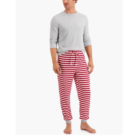  Mens Matching Solid Top & Striped Pants Thermal Pajama Set