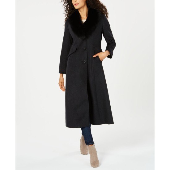  Womens Fox-Fur-Collar Maxi Reefer Coats, Black, 2