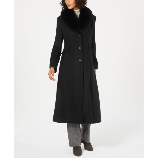  Womens Fox-Fur-Collar Maxi Reefer Coats, Black, 2