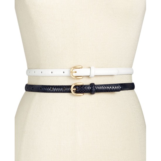  Womens 2-for-1 Skinny Belts, White/Navy, Medium