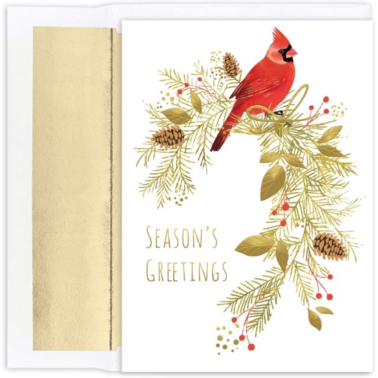  Holiday Collection 16-Count Boxed Christmas Cards with Foil-Lined Envelopes, 7.8″ x 5.6″, Pine Perched Cardinal