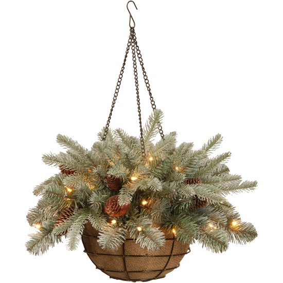  20 Inch “Feel Real” Frosted Artic Spruce Hanging Basket with Cones and 35 Battery Operated Warm White LED Lights