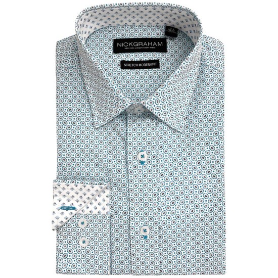 Nick Graham Men’s Modern-Fit Stretch Foulard Geometric Print Dress Shirt 15.5 34-35 M