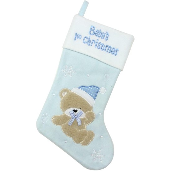  Baby’s 1st Embroidered Teddy Bear Christmas Stocking (19″, White/Blue)