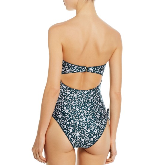  Strapless Printed Cutout One-Piece Swimsuit, Green, 8