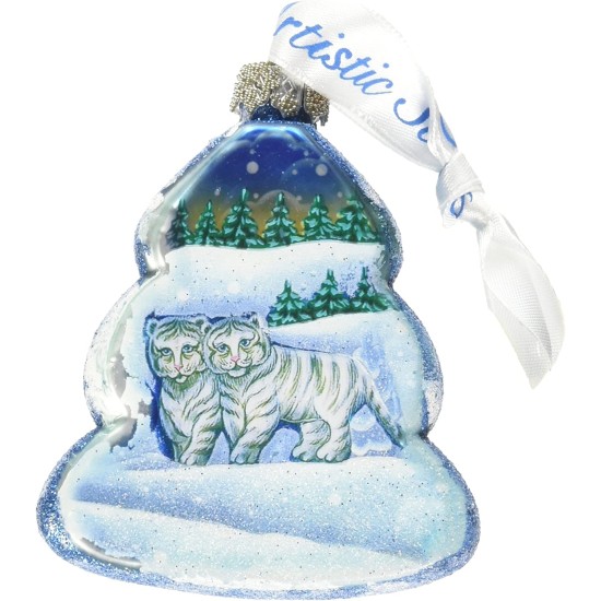 Santa White Tiger Cubs Glass Ornament, Wildlife Decor, Blue