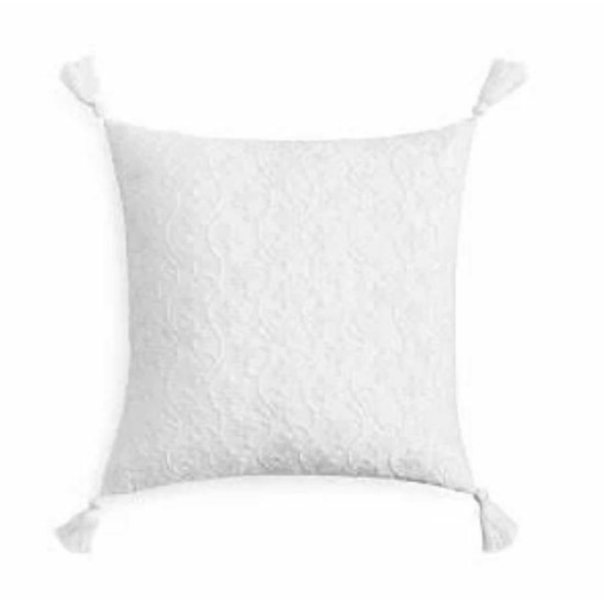  French Knot Floral Embroidered Cotton Jacquard Tassel Decorative Pillow, White, 18 x 18