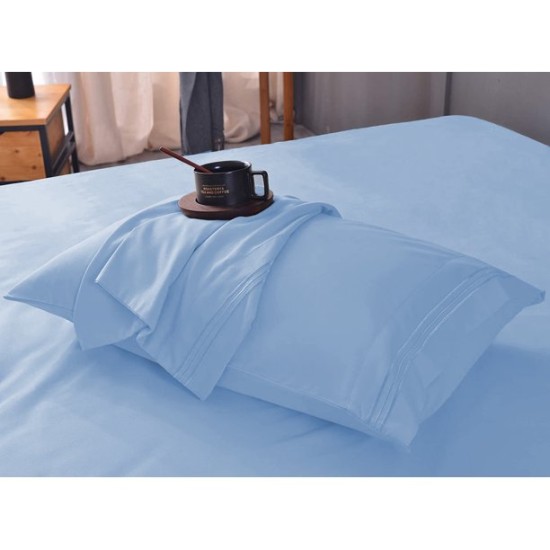  Wrinkle Free Sheet Sets with Deep Pockets & Stain Resistant, 1800 Thread Count Bamboo Based, Light Blue, Queen