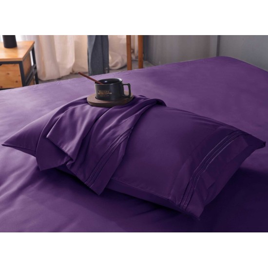  Wrinkle Free Sheet Sets with Deep Pockets & Stain Resistant, 1800 Thread Count Bamboo Based, Purple, California King