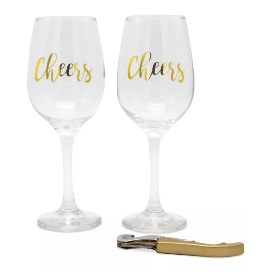  Cheers! Hostess Set with Opener & 2 Stemmed Wine Glasses