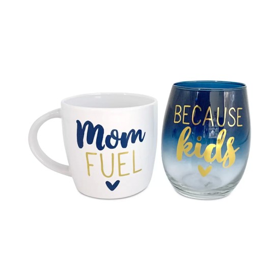  Mom Fuel/Because Kids Mug & Stemless Wine Glass 2 Pc