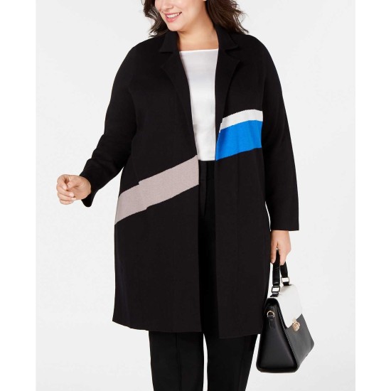  Plus Size Colorblocked Trench Sweater Coat (Black, 3X Plus)