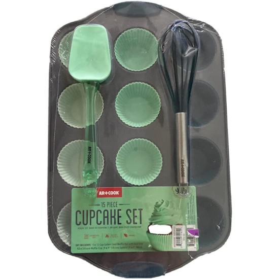 Art & Cook 15-Pc. Cupcake Pan, Silicone Liners & Tools Set, Multi