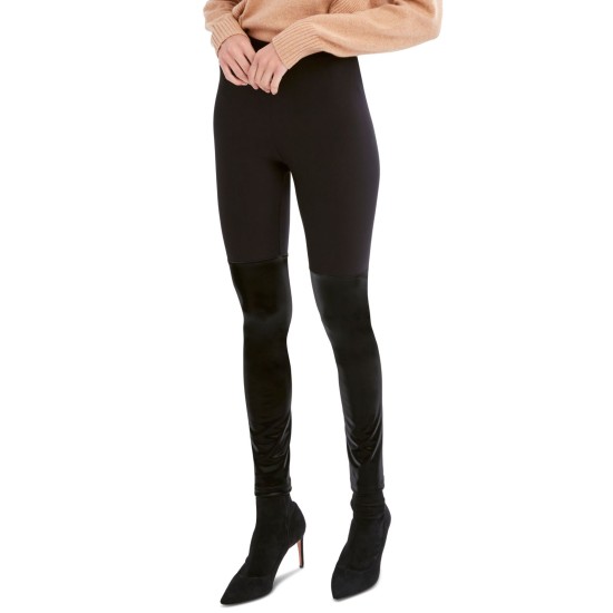 Womens High Waisted Leggings With Faux Leather Panels (Black, XXS)