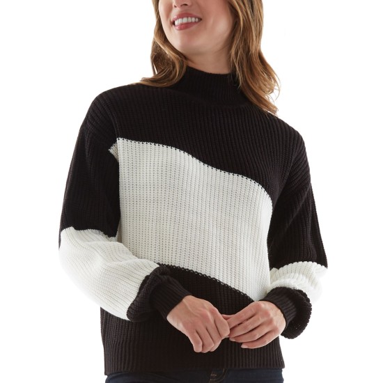  Juniors’ Diagonal Colorblocked Sweater, Black/White, Small