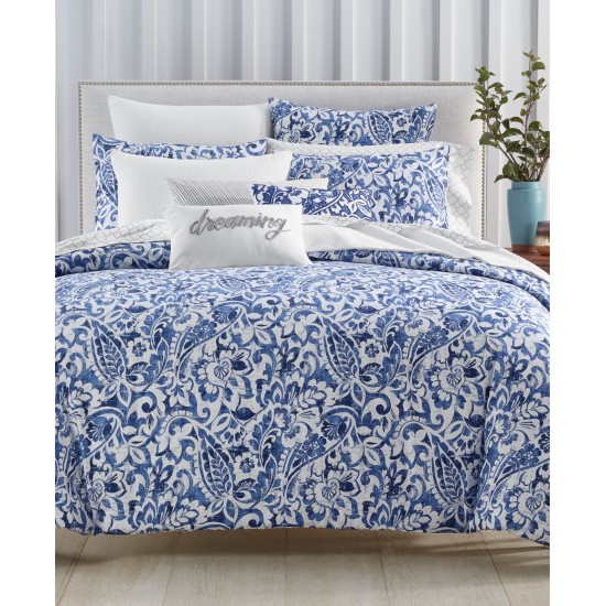  Damask Designs Textured Paisley Cotton 300-Thread Count 3-Pc. King Duvet Cover Set, Navy