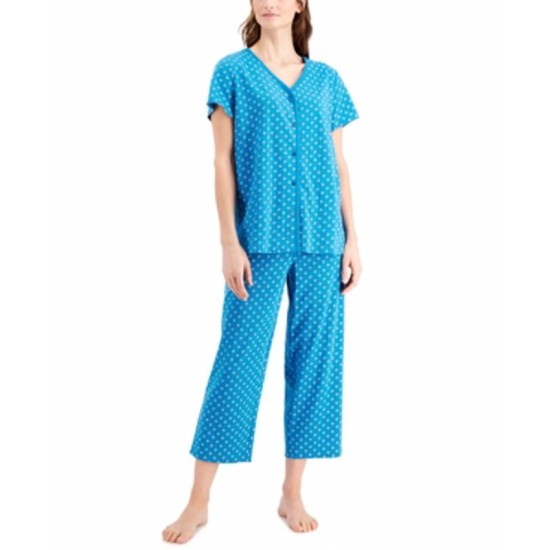  Short Sleeve Top and Cropped Pant Cotton Pajama Sets, Navy, Small