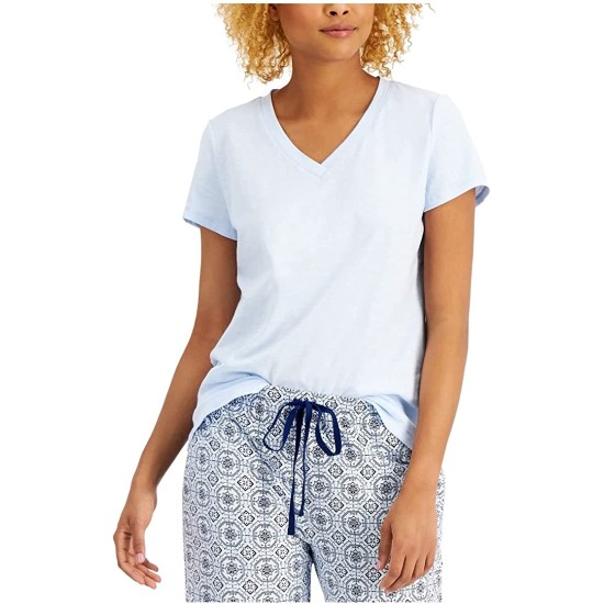  V-neck Pajama Top, Light Blue Solid, Small