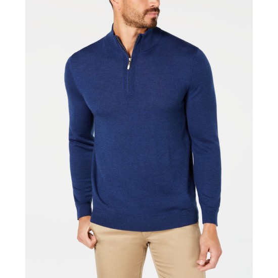  Men’s Quarter-Zip Merino Wool Blend Sweaters, Navy, Small