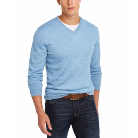  Men's Solid V-Neck Merino Wool Blend Sweaters, Blue, XX-Large
