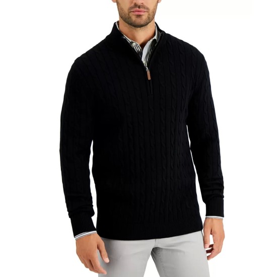  Men’s Cable Knit Quarter-Zip Cotton Sweater, Small 