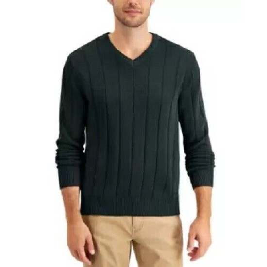  Men’s Drop-Needle V-Neck Cotton Sweater, Green, XX-Large