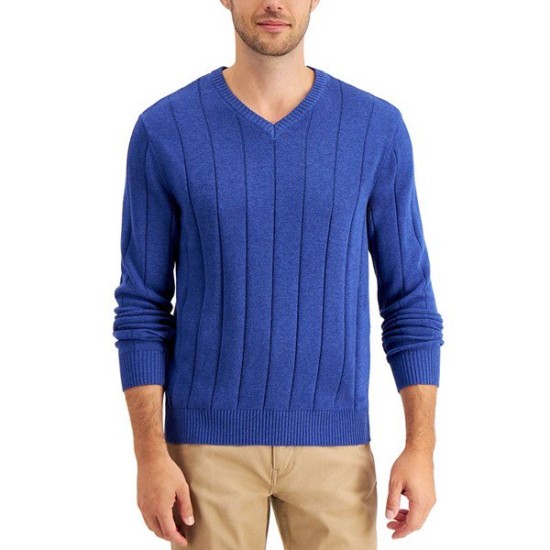  Mens Drop-Needle V-Neck Cotton Sweater, Large