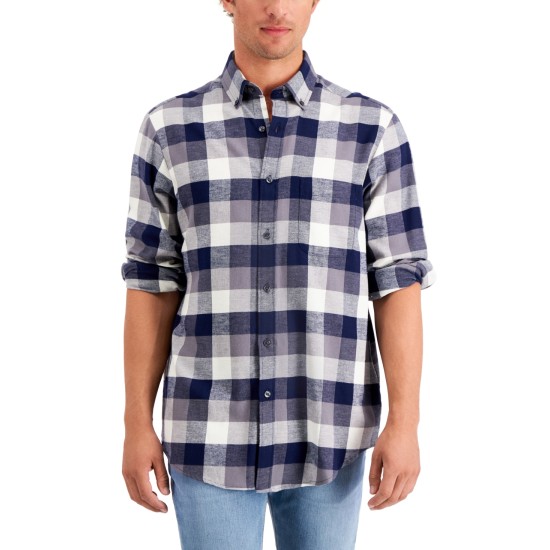  Men’s Plaid Flannel Shirt, Navy Large