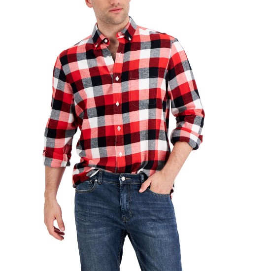  Men’s Plaid Flannel Shirt, Red, Large