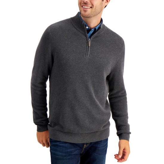  Men's Quarter-Zip Textured Cotton Sweaters, Charcoal, Small