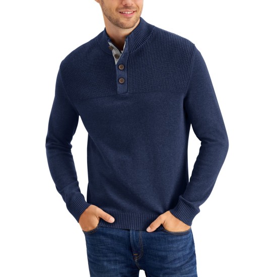  Men’s Ribbed Four-Button Sweater, Navy, Medium