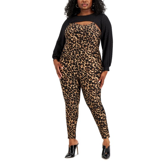  Trendy Plus Size Cutout Leopard-Print Jumpsuit, Taupe, 3X