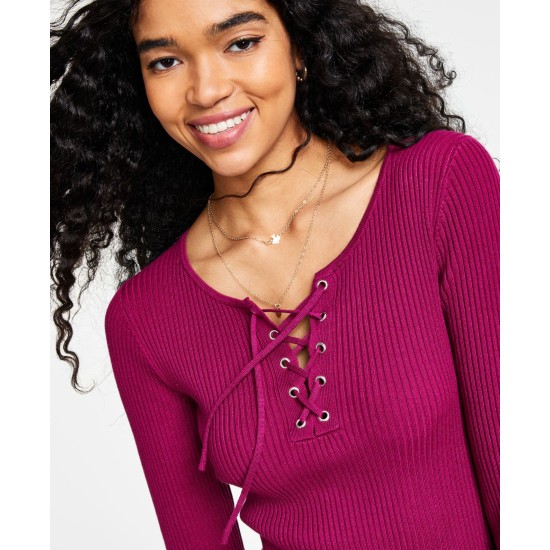  Juniors Lace Up Sweater Dress, Purple, Medium