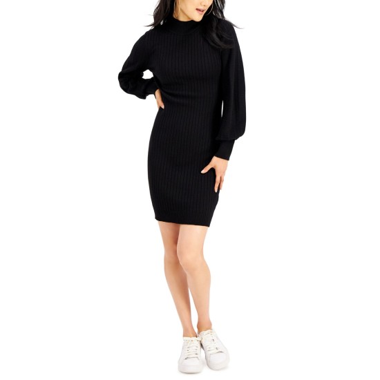  Juniors’ Balloon-Sleeve Sweater Dress, Black, Medium