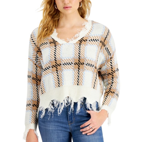 Just Polly Juniors’ Distressed Plaid Sweater (Taupe Plaid, XL)
