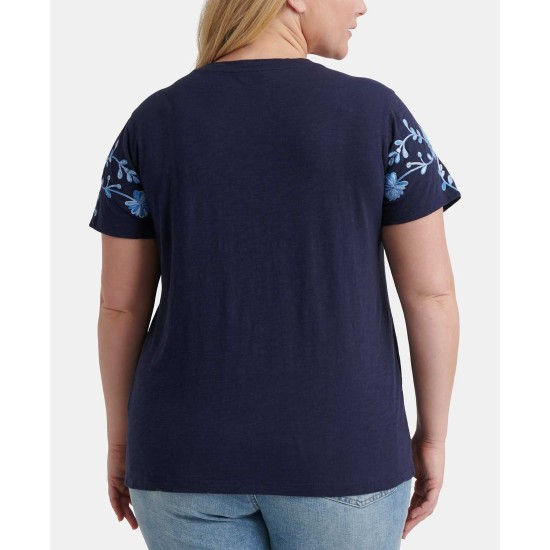  Plus Size Embroidered Top (Navy, 1X)