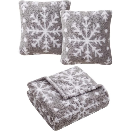  Holiday Prints 3 Pack Decorative Pillows & Throw, Gray, 18 X18