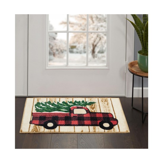  Plaid Truck with Tree Accent Décor Accent Rug,18×30, Beige
