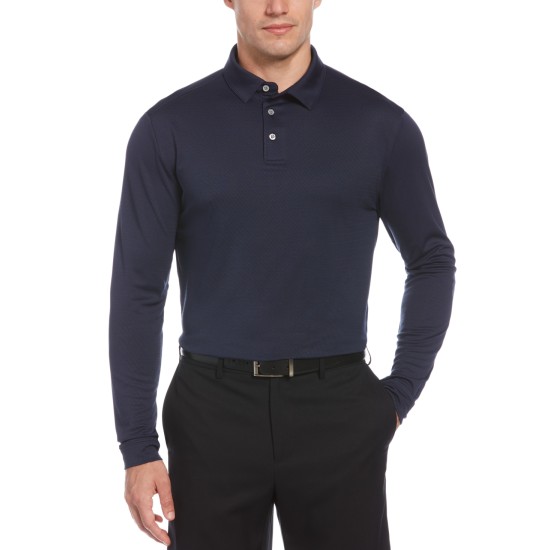  Men’s Moisture-Wicking Twill Jacquard Golf Polo Shirt, Peacoat, Large