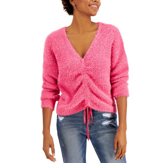  Juniors’ Eyelash-Knit Drawstring Sweater (Pink, L)