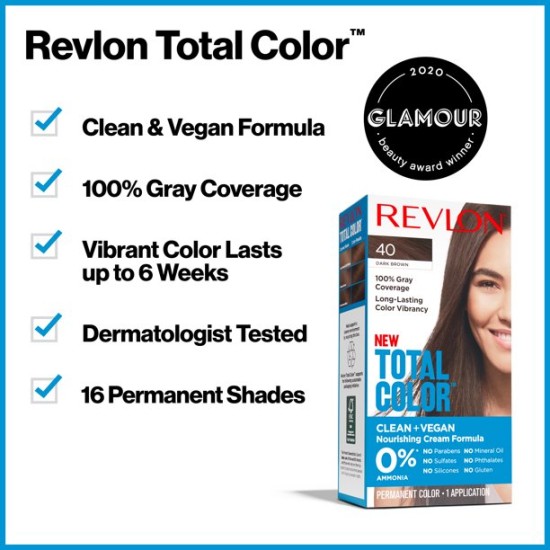 Revlon Total Permanent Hair Color, Clean and Vegan, 100% Gray Coverage Dye, 48BV Burgundy, 5.94 fl oz