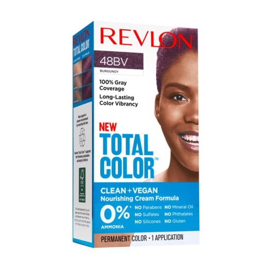 Revlon Total Permanent Hair Color, Clean and Vegan, 100% Gray Coverage Dye, 48BV Burgundy, 5.94 fl oz