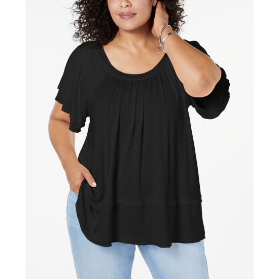 Style & Co Womens Gathered Short Sleeve Shirt Blouse, Black, 1X
