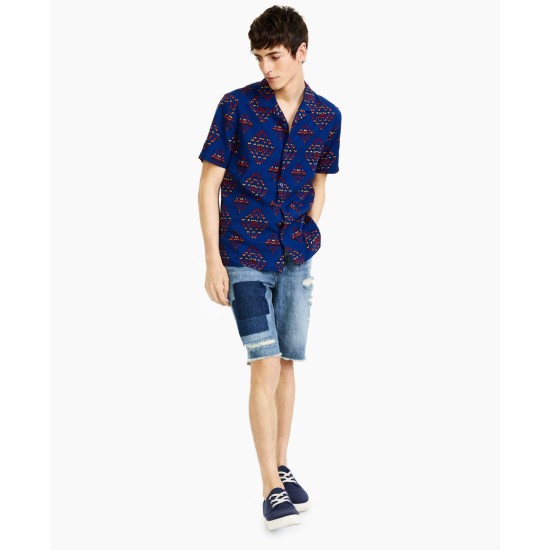  Men’s Fred Regular-Fit Geo-Print Textured Linen Shirt, Navy, XX-Large