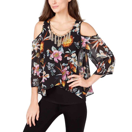  Printed Cold-Shoulder Necklace Top,multi combo, small