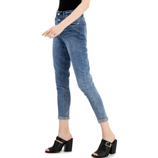  Juniors’ Cuffed Exposed Button Mom Jeans,Blue, 0