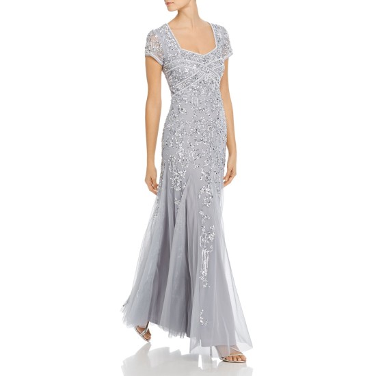  Womens Beaded Godet Mermaid Gown Dress, Silver Mist, 6