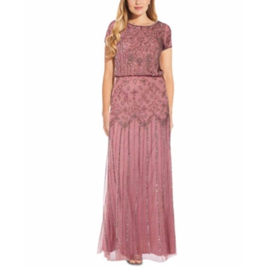  Women’s Beaded Short-Sleeve Sheer-Overlay Gown Dress, Rose Gold, 12